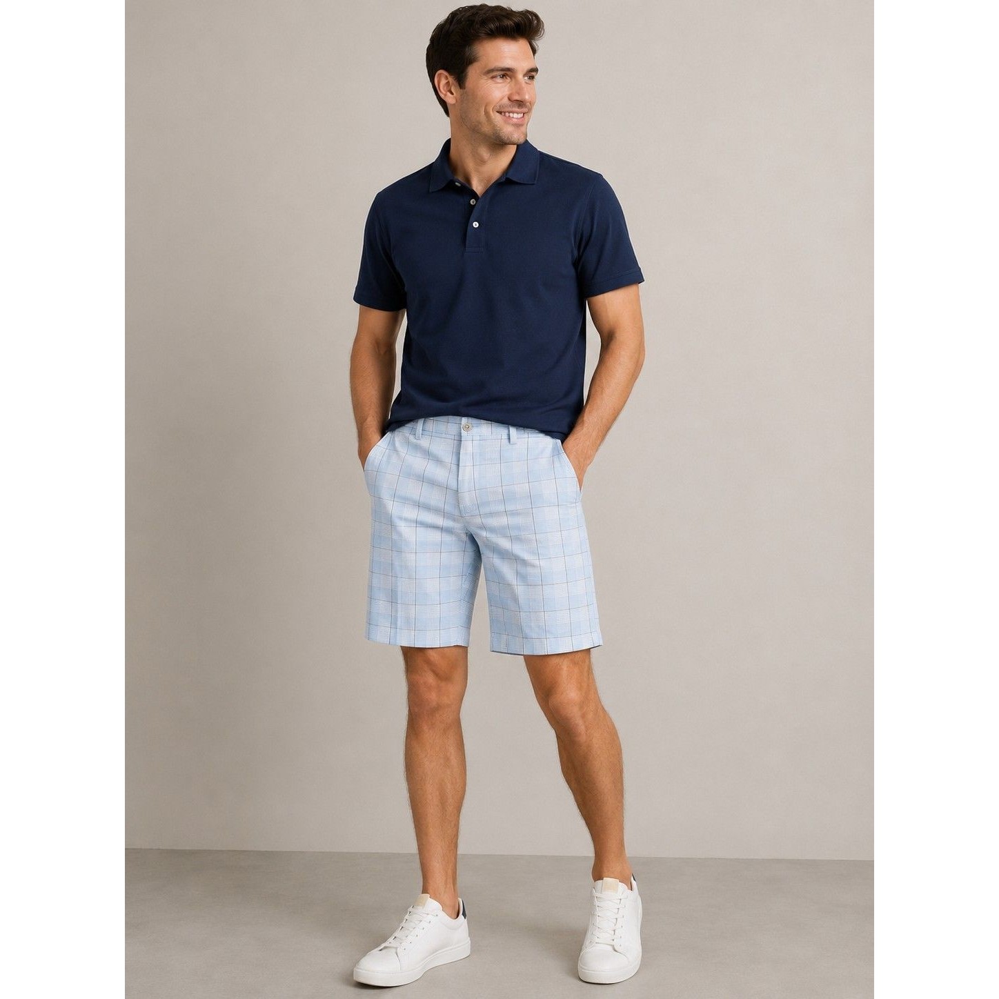 Pga Tour Men’s Plaid Golf Shorts Light Blue Flat Front Casual Bermuda Shorts 42